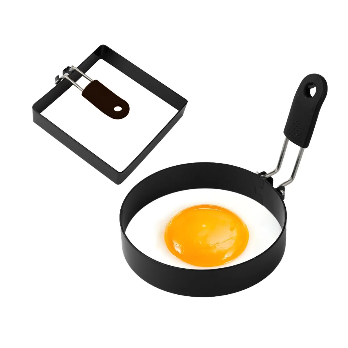 Two black stainless steel egg rings, one square and one round, each with a foldable handle