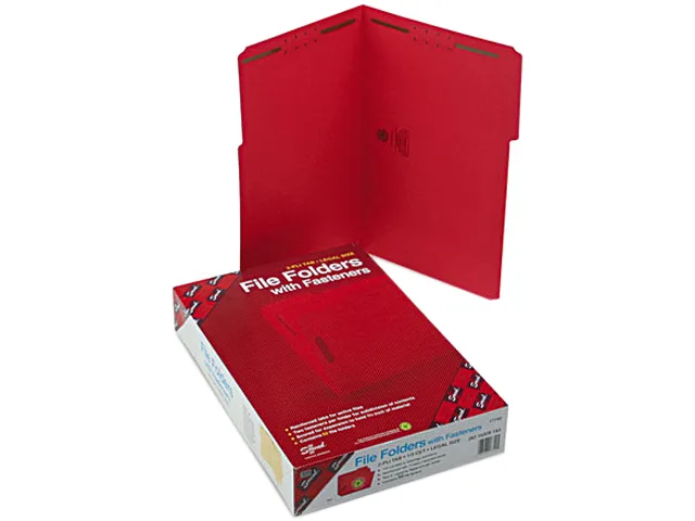 Red legal file folder with two fasteners, reinforced tabs, 11-pt stock, box of 50