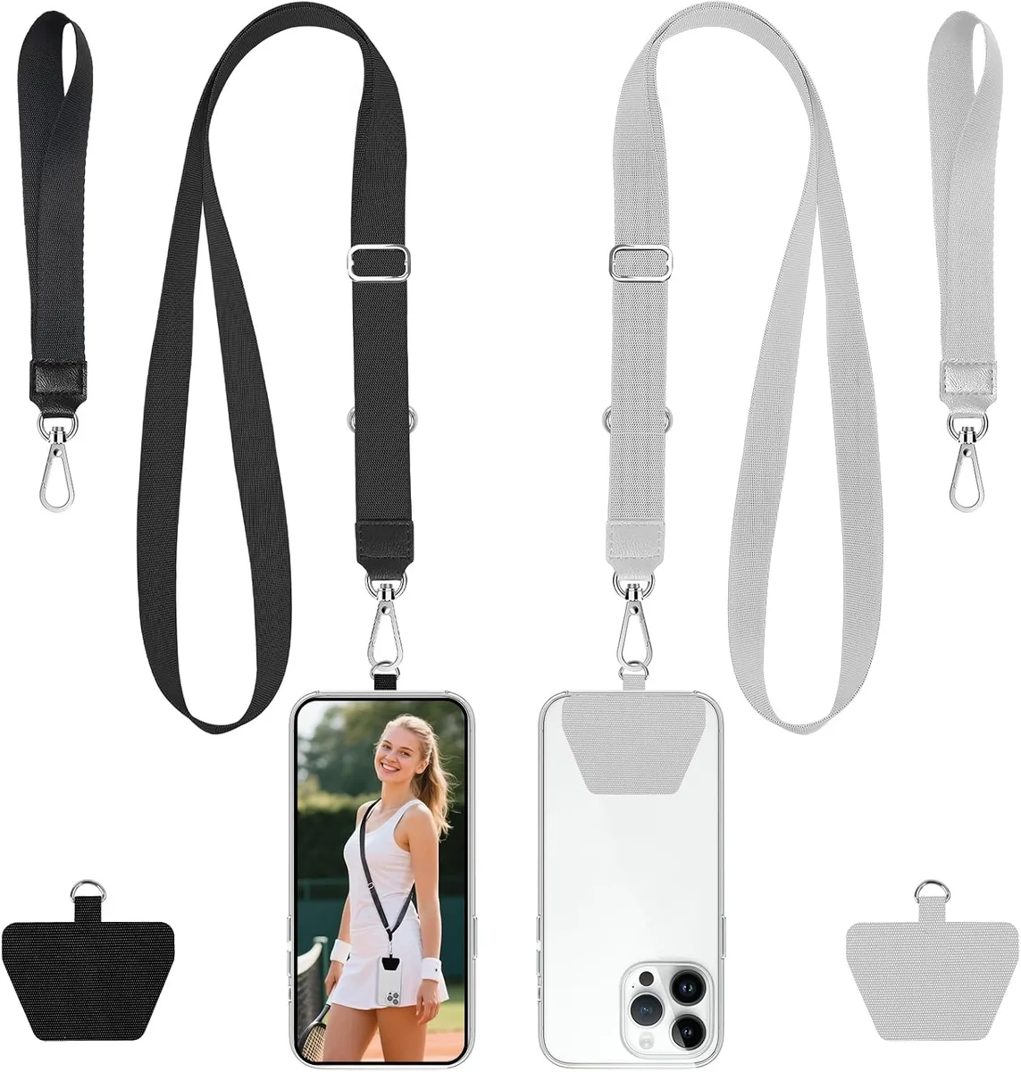 MCHOSE MCHOSE Phone Lanyard 2 Pack Crossbody Anti-Drop Neck and Wrist Strap with 2 Pcs Tether Patches Black+Gray — product photo