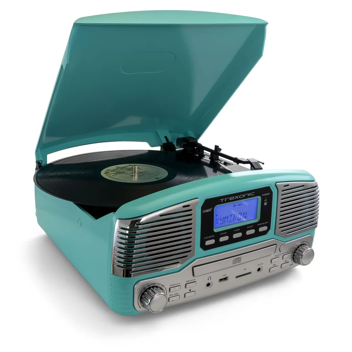 Trexonic Trexonic Retro Record CD Player Turquoise 33 45 78 RPM Bluetooth AM FM Aux SD USB — product photo