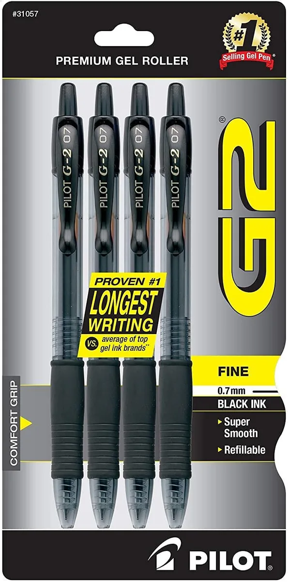 Four black gel pens in plastic packaging