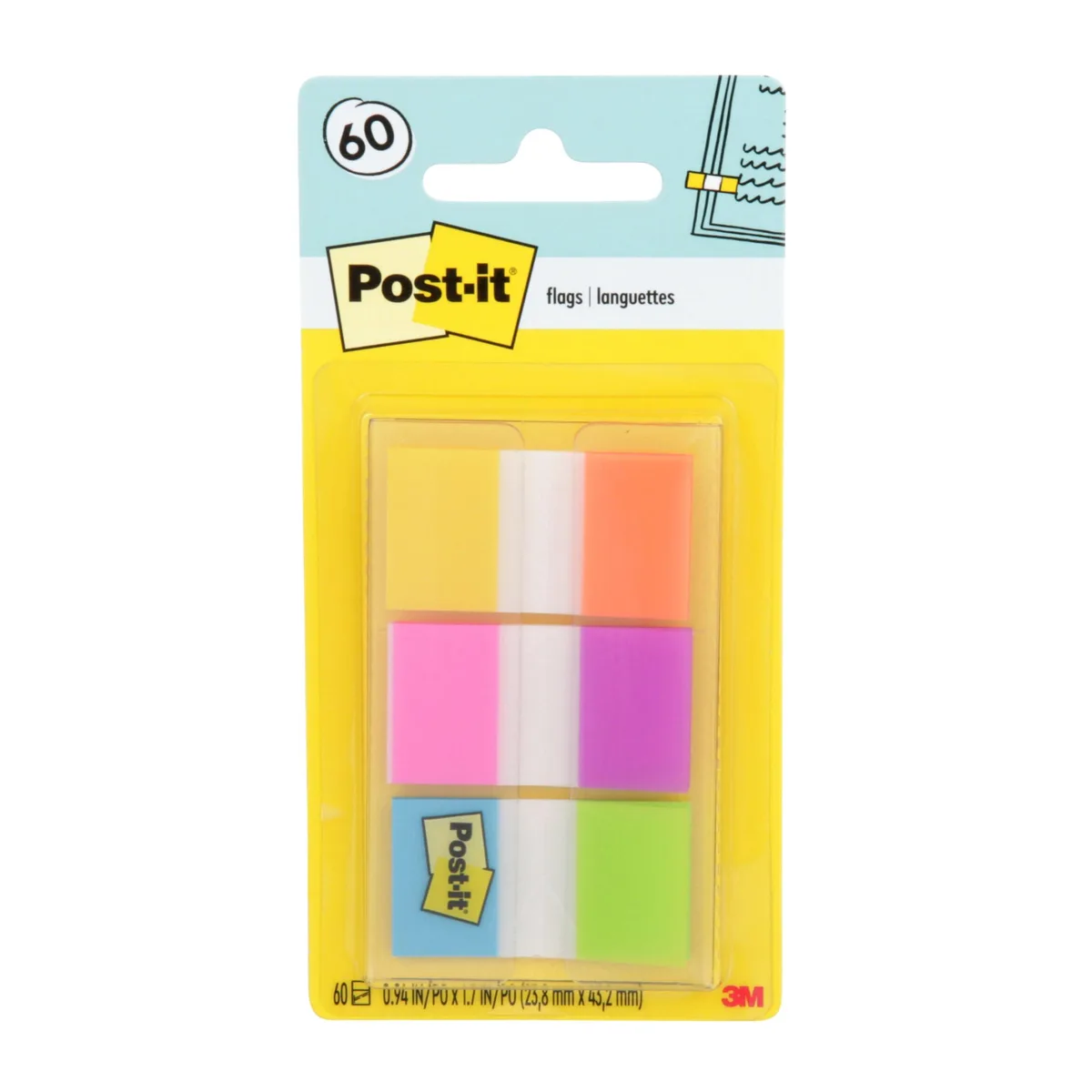 A clear plastic pop-up dispenser holding stacked rectangular flags in bright alternating colours