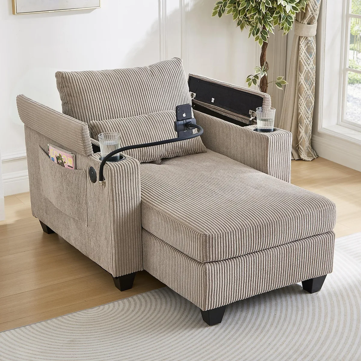 Brown corduroy convertible chaise lounge with USB ports and cup holders
