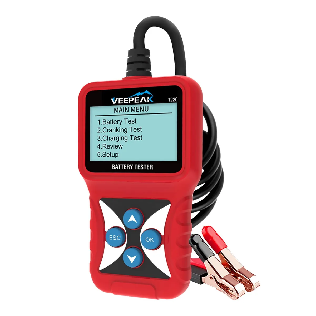 Handheld black battery tester with red and black clamps attached, compact rectangular shape, digital display visible