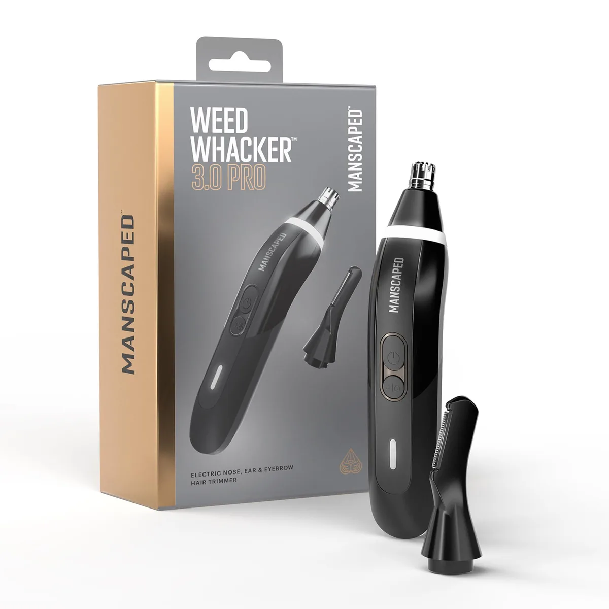 Black electric nose, ear and eyebrow trimmer with dual interchangeable heads, LED spotlight and USB-C cable