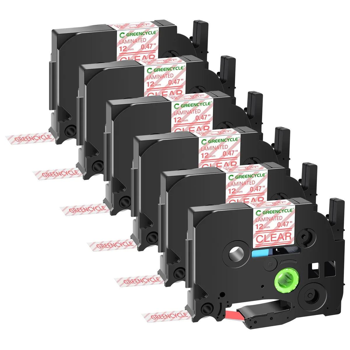 GREENCYCLE GREENCYCLE TZe-132 12mm Red on Clear Laminated Tape 6 Pack — product photo