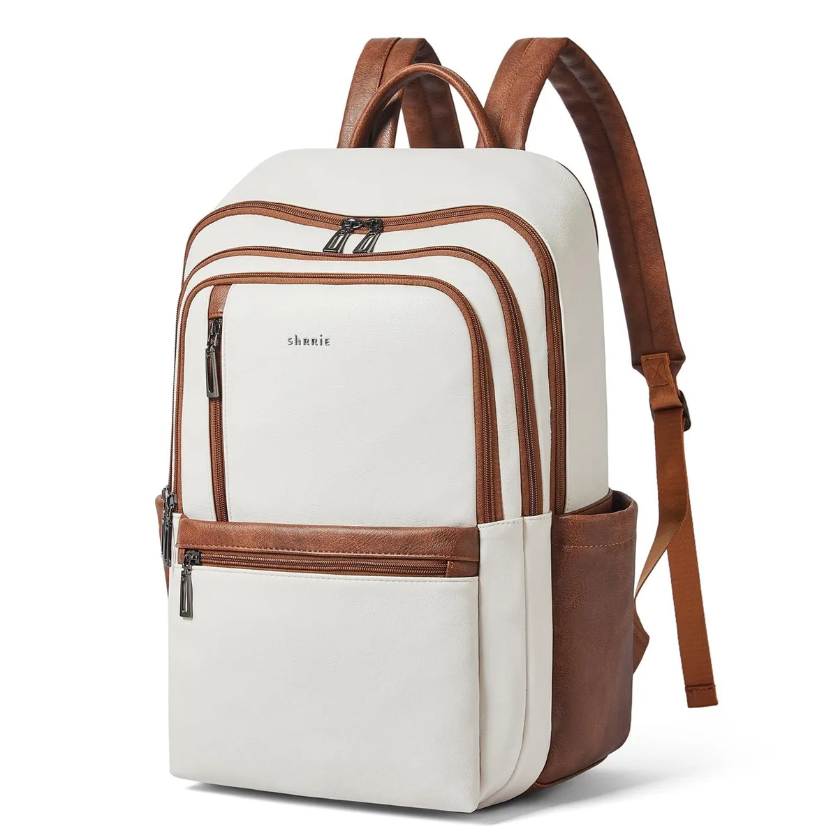 Brown leather laptop backpack with padded 17 inch compartment and luggage strap