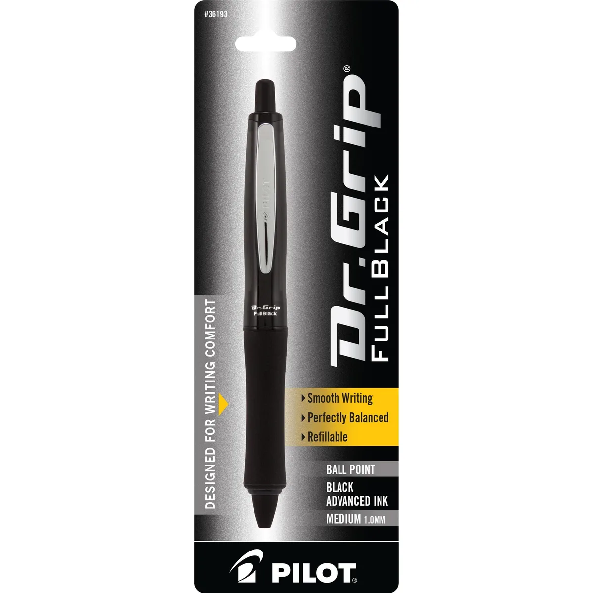 Sleek all-black retractable ballpoint pen with wide cushioned grip and metal finish