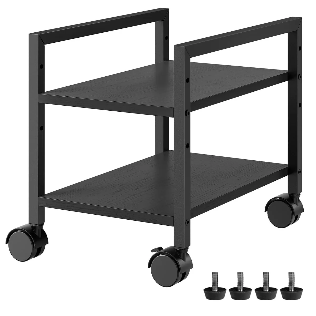 Black two-tier metal and particleboard PC tower stand with four swivel casters