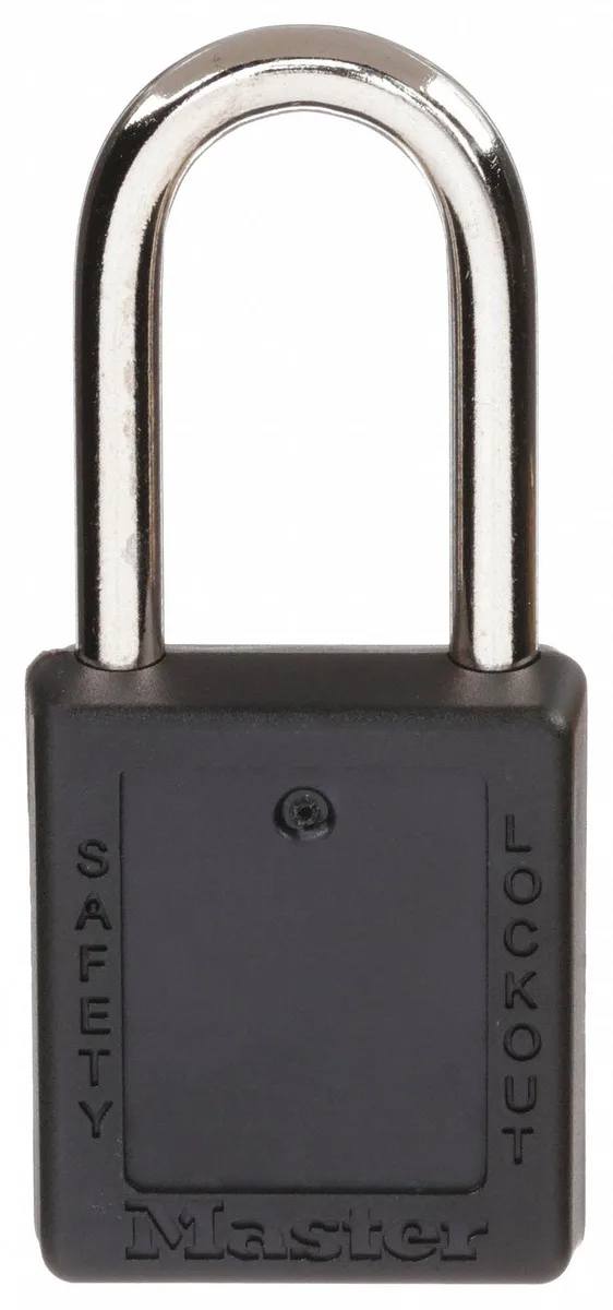 Black thermoplastic lockout padlock with metal shackle