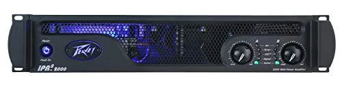 Black rectangular power amplifier with front panel knobs and rear Speakon connectors