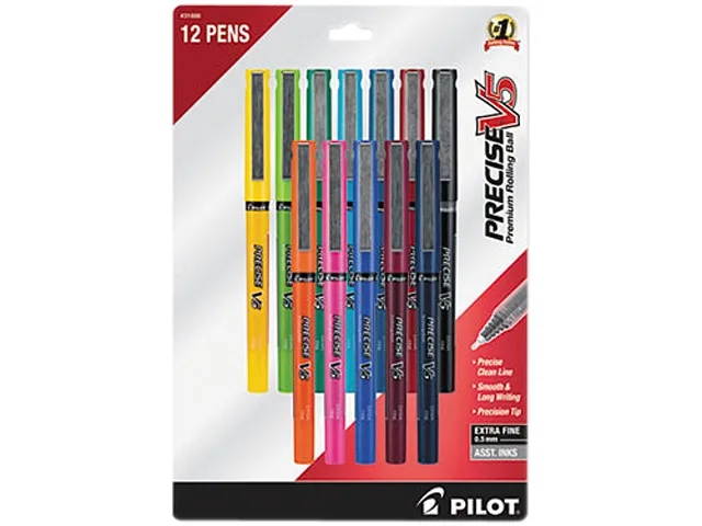 Twelve fine rollerball pens in assorted colours, visible ink tanks, plastic barrels