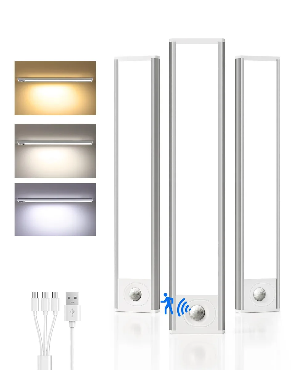 Three white 8-inch LED bars with clear prismatic covers, magnetic adhesive mount, USB charging cable included