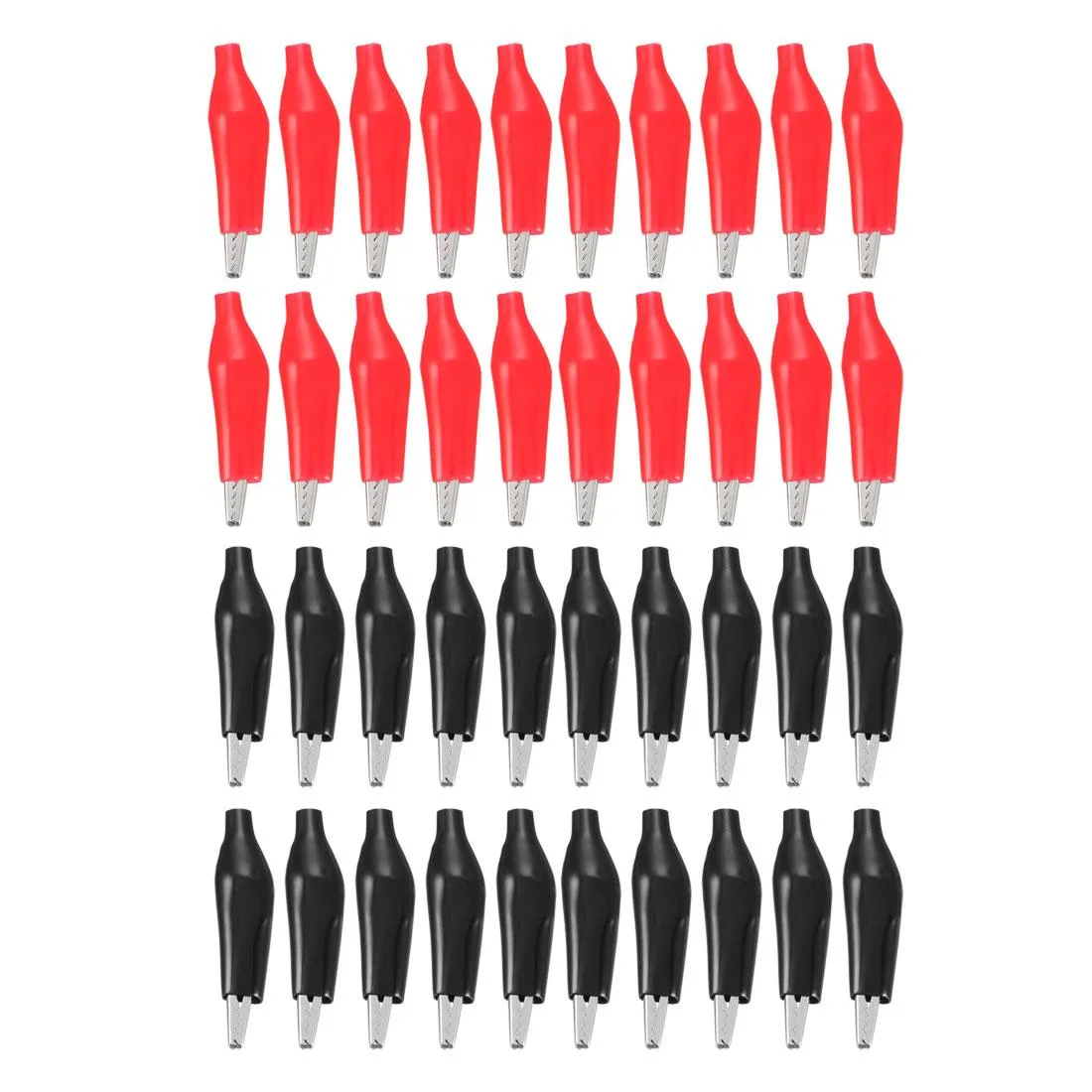 Forty alligator clips in red and black with PVC insulation sleeves