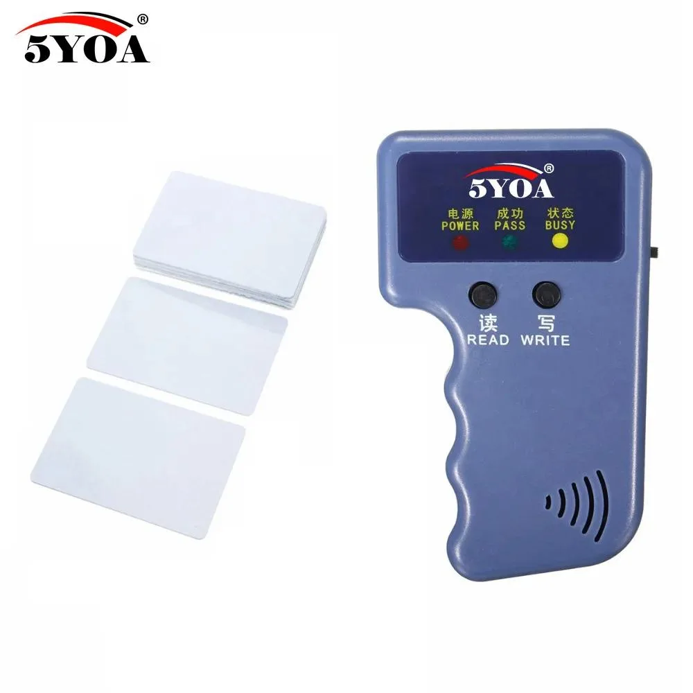 Handheld RFID copier with ten keyfobs, grey plastic case, 115 by 70 by 30 mm