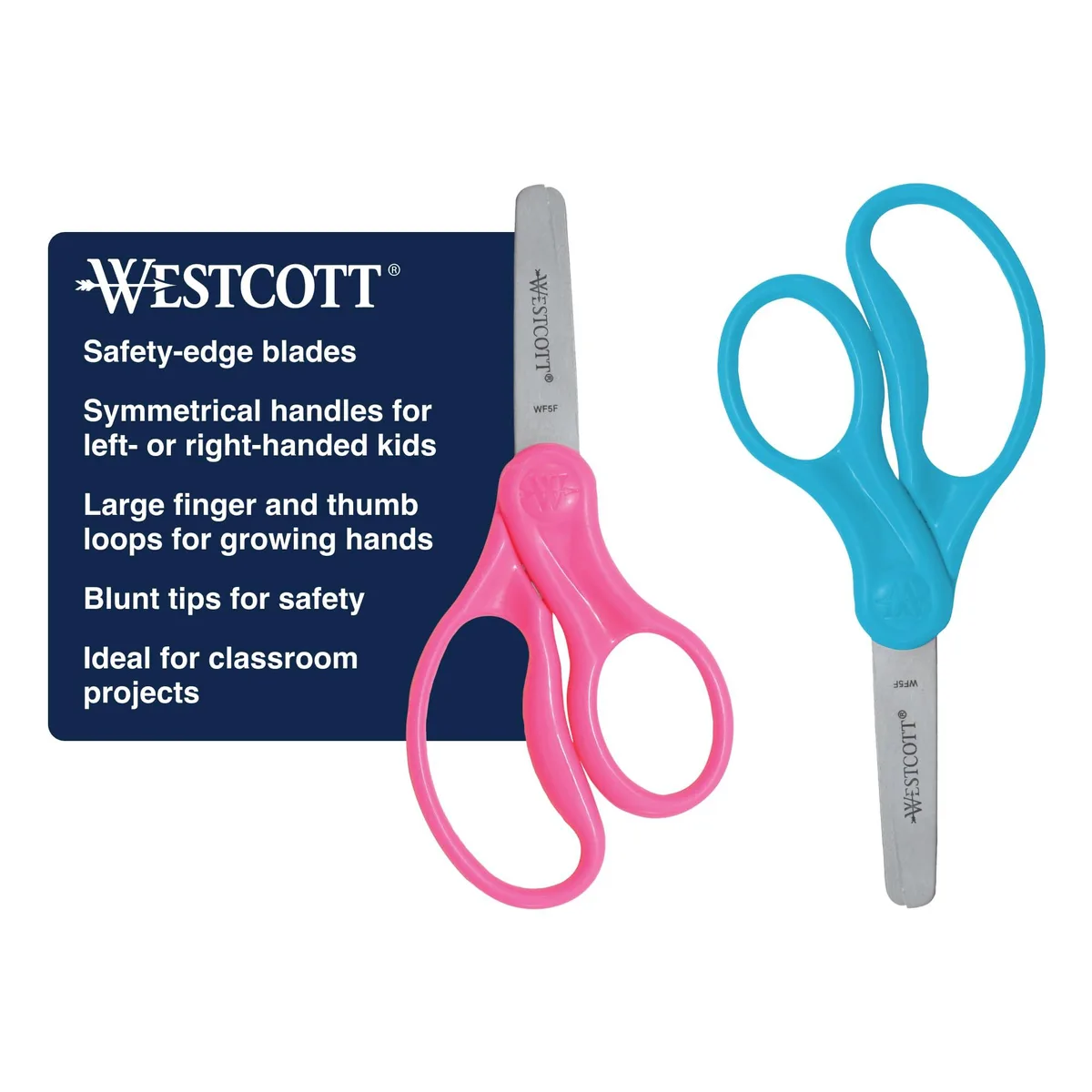 Two pairs of 5-inch blunt-tip kids scissors with green hard plastic handles and stainless steel blades