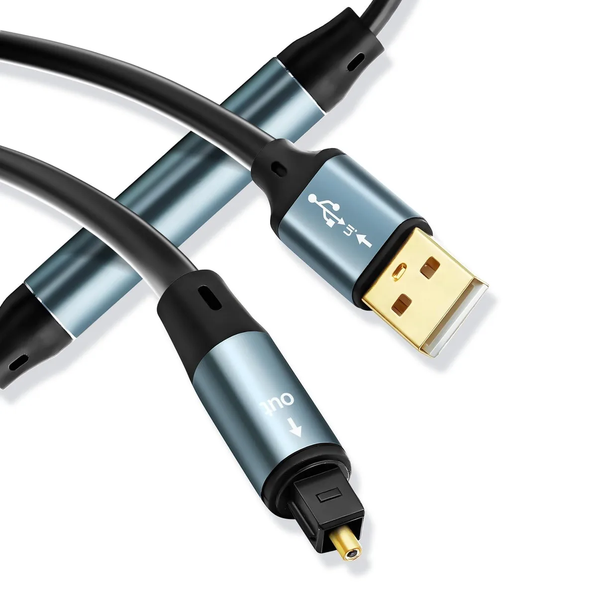 Black USB-A to Toslink optical audio cable with gold connectors