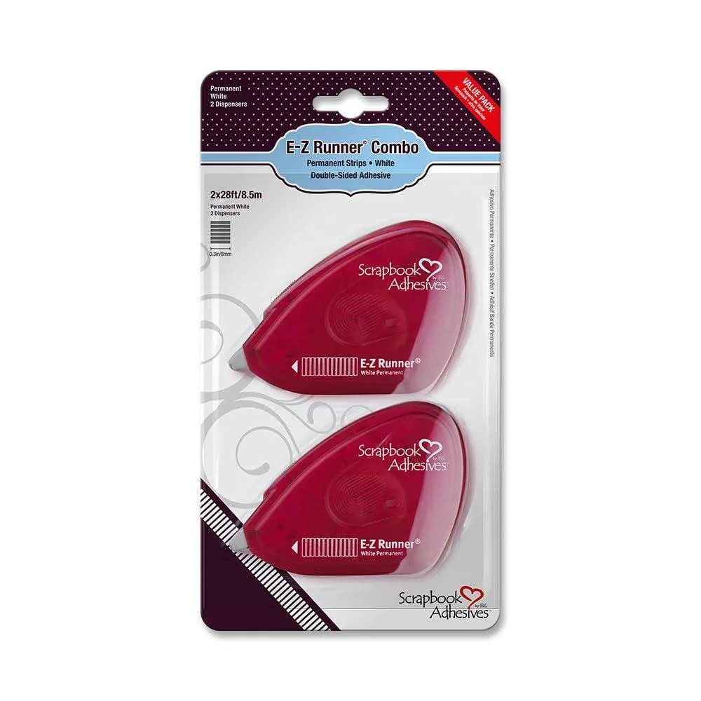 Two white handheld adhesive dispensers with double-sided strips inside