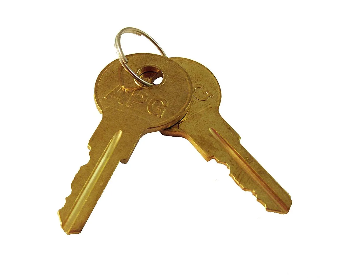 Two silver keys on a plain background, A5 code set for APG heavy-duty cash drawers