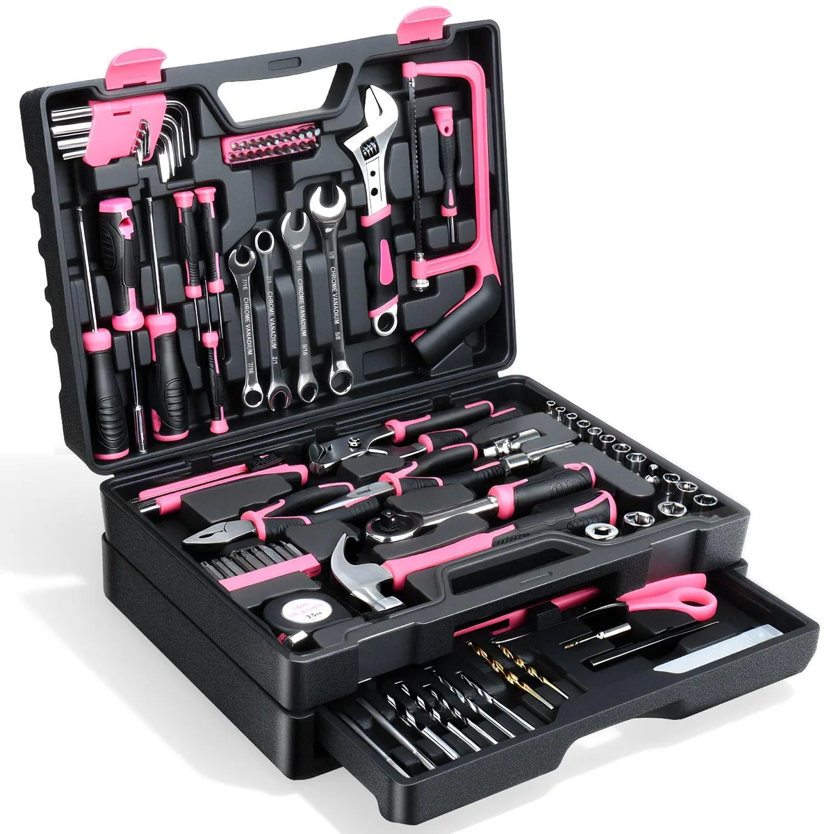 Silver double-layer toolbox with sliding drawer, ergonomic handle, 412-piece tool set inside