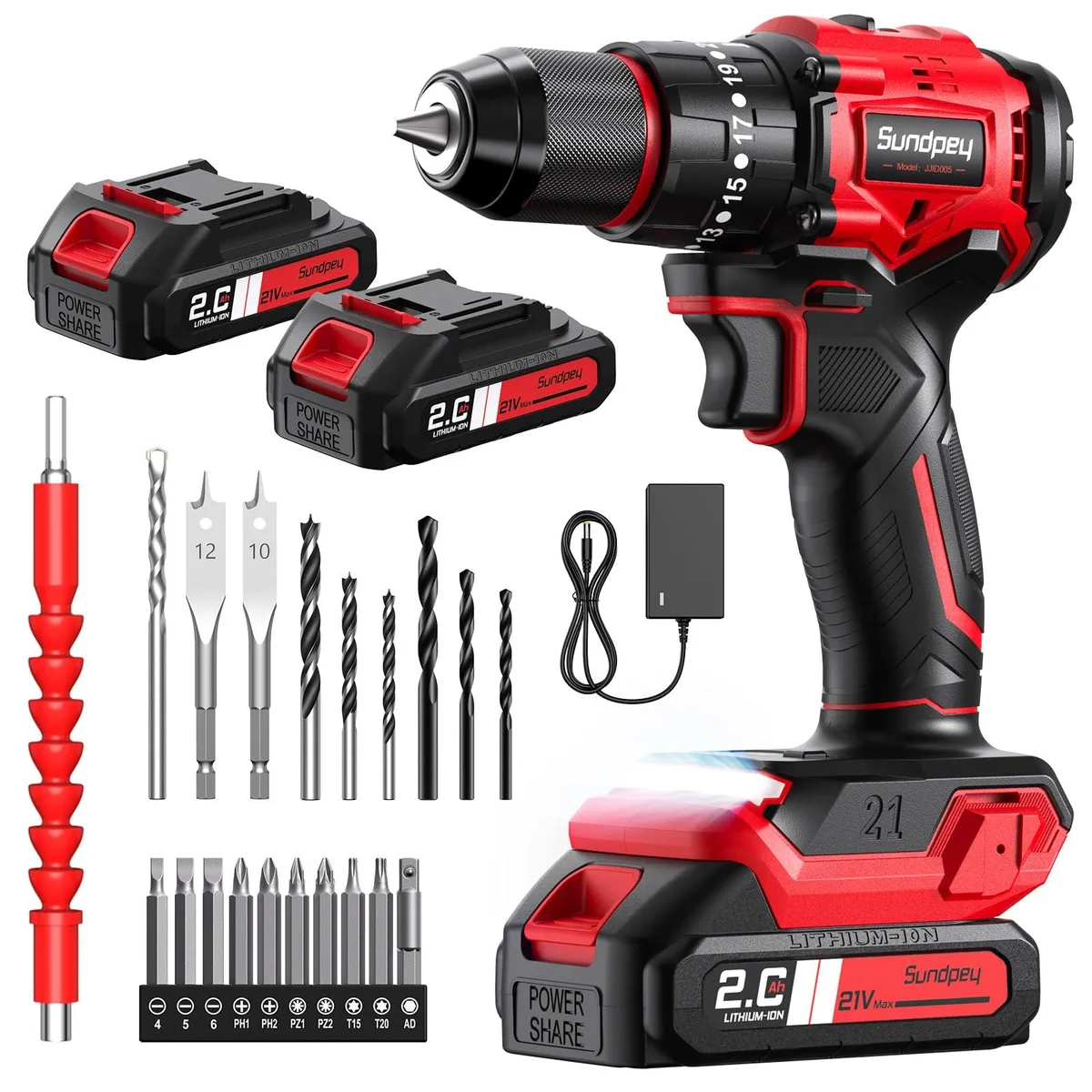  Sundpey 21V Cordless Hammer Drill 620in-lbs 23+3 2x2.0Ah Brushless Red — product photo
