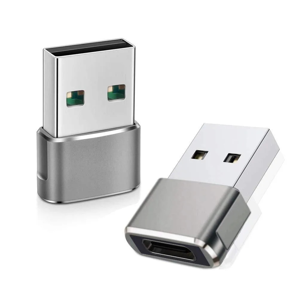 Two small gray USB-C female to USB-A male adapters with aluminum bodies