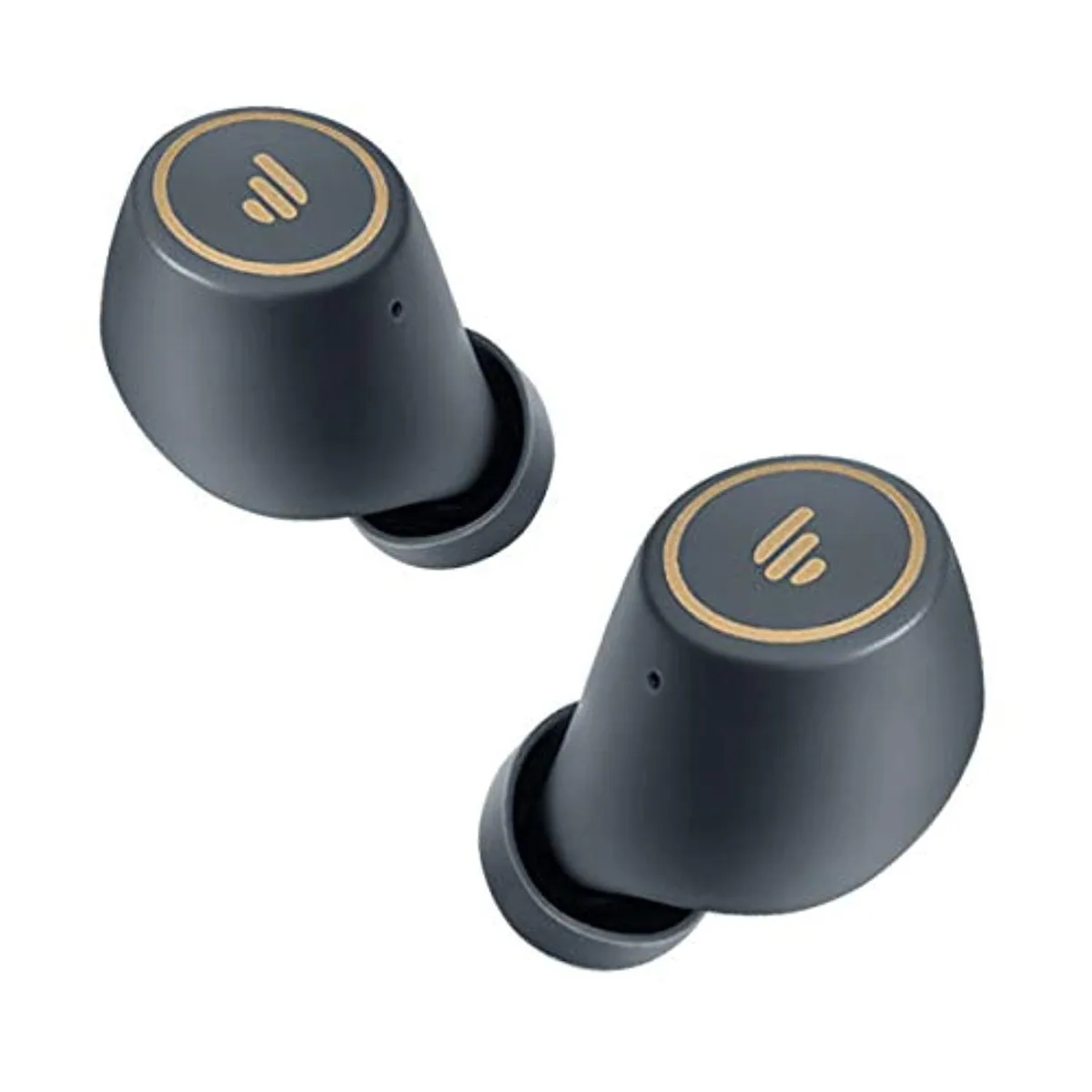 Grey true wireless in-ear earbuds with matching charging case