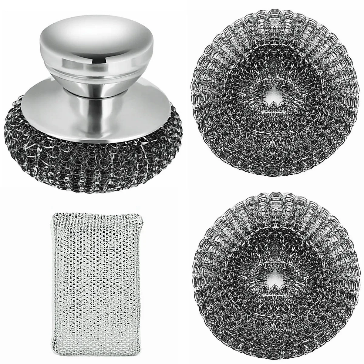 Stainless Steel Wool Scrubber with Short Handle, 2 Replace Heads — product photo