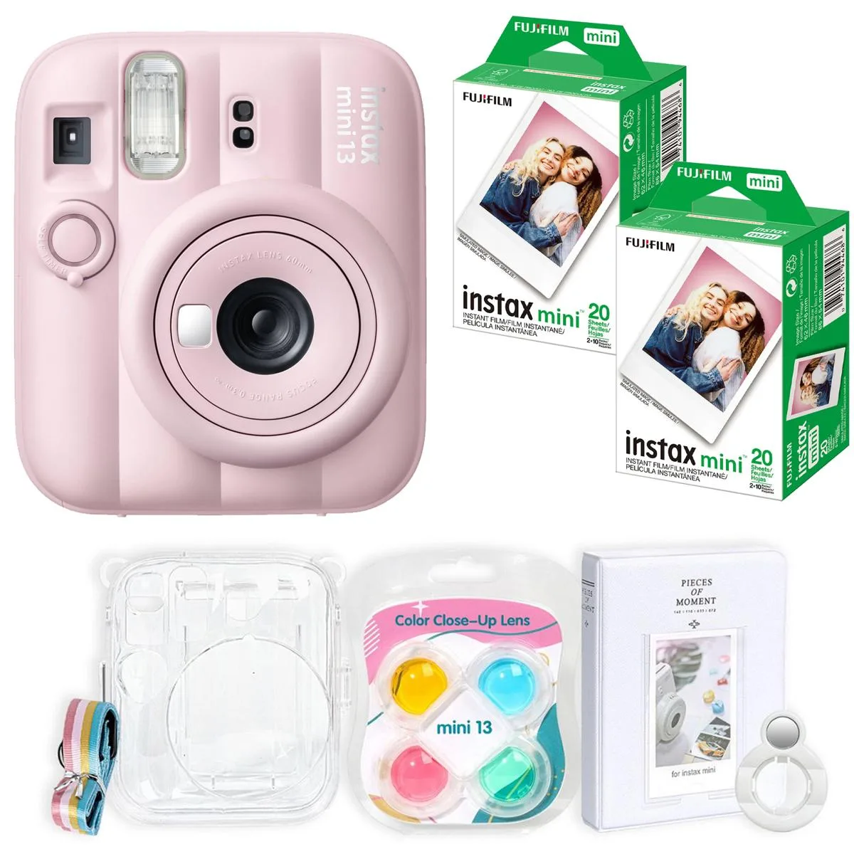 Pink Instax Mini 13 instant camera with wrist strap and selfie mirror