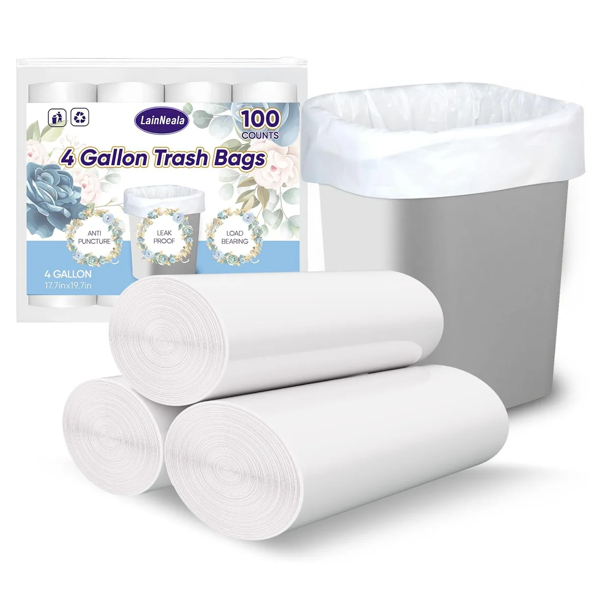 LainNeala WL101-3.5K-LN-US Garbage Bags 4 Gallon 100 Count White — product photo