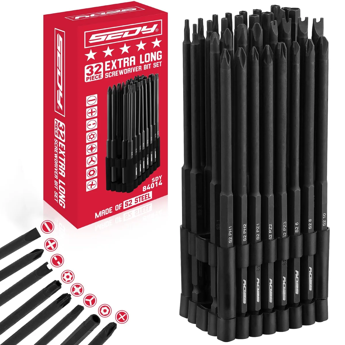 A 32-piece extra long security bit set in a compact organiser case