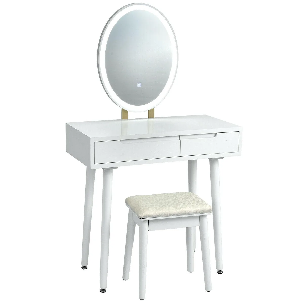 White vanity table with lighted mirror, two drawers and matching stool