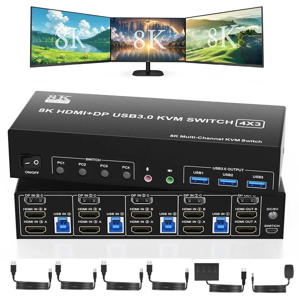 WRIARICH WRIARICH 4-Port 3-Monitor KVM Switch 8K@60Hz 2 HDMI + 1 DP USB 3.0 Audio — product photo