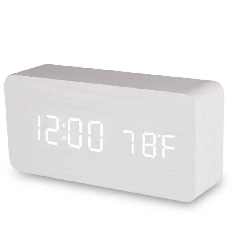 White rectangular LED clock with wood finish, 5.9 by 1.5 by 2.8 inches