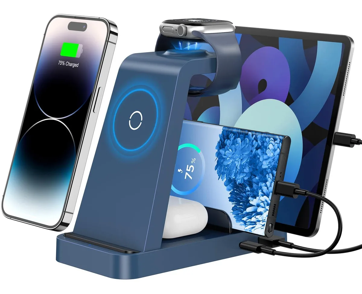 Blue 5-in-1 wireless charging stand with integrated watch pad and cable ports