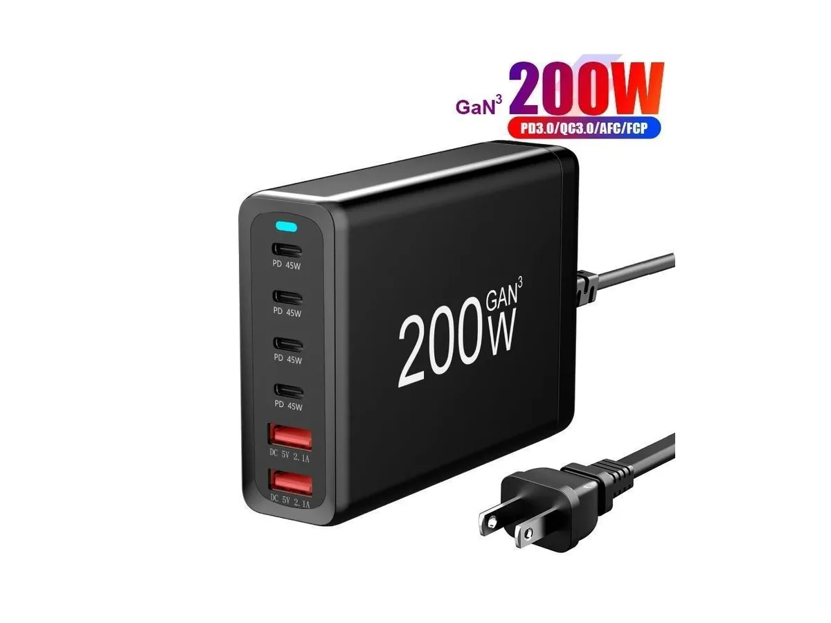 IXJYLCPC IXJYLCPC GaN 200W 6-Port USB-C/A Charger QC3.0 PD3.0 4×45W 2×12W 1.5m cord — product photo