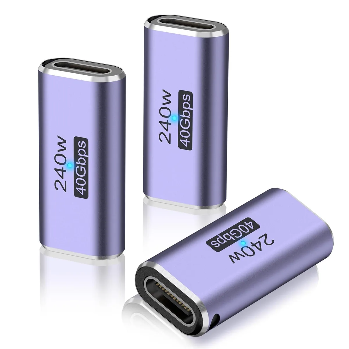 Three small USB-C female-to-female couplers with LED indicators