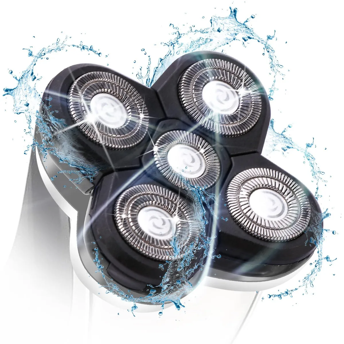Five black rotary shaver heads in circular arrangement