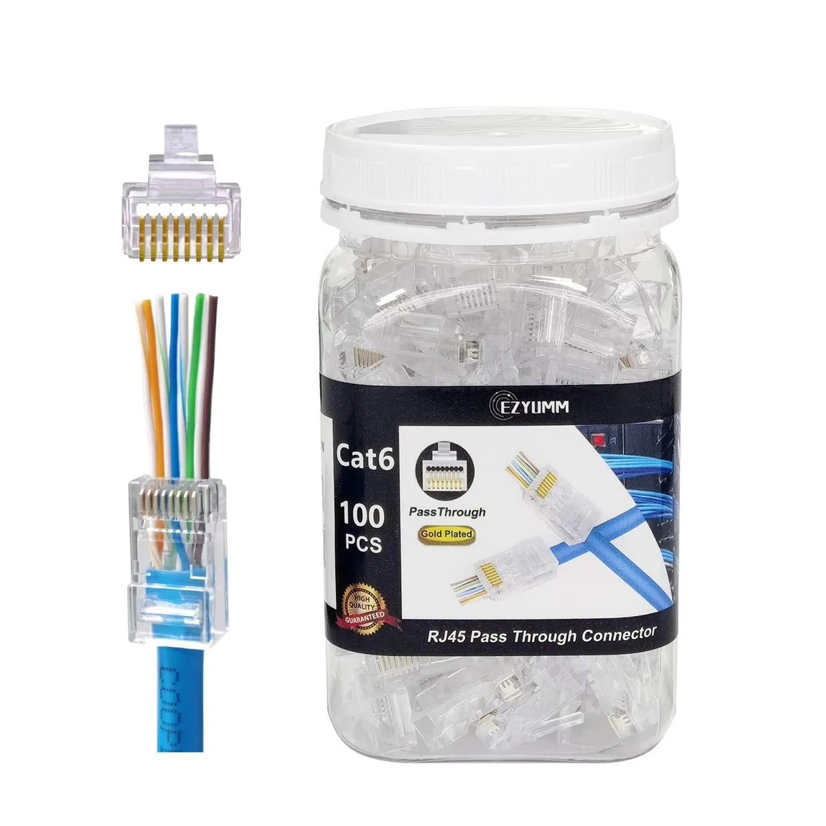  EZYUMM ZYU001 Cat 6 RJ45 pass-through connectors 100-pack — product photo