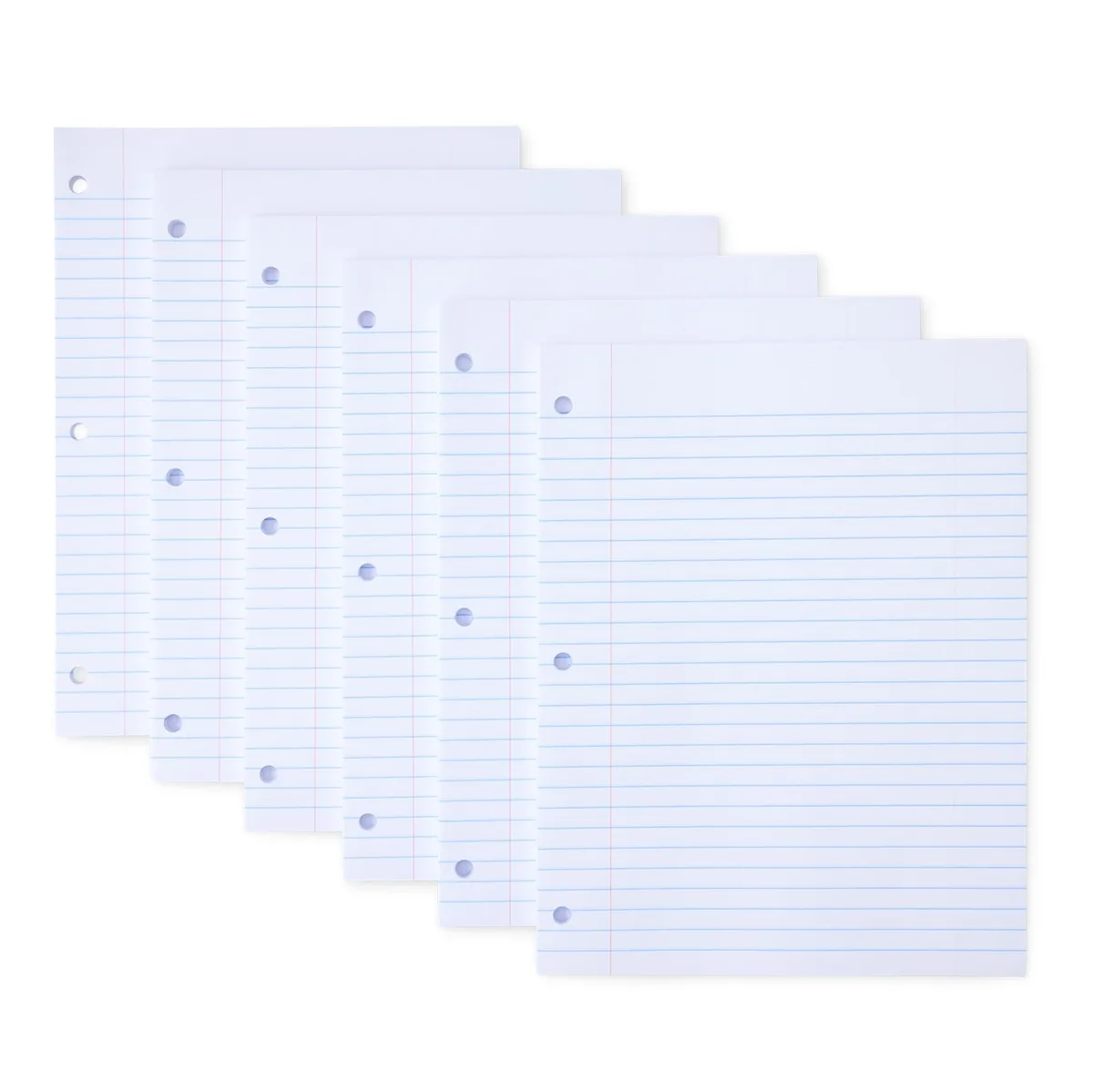 Six packs of white wide ruled loose leaf paper, 10.5 by 8 inches, 100 sheets each