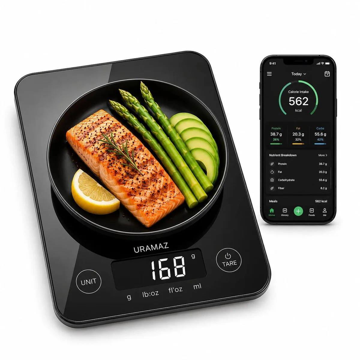 Rectangular black handheld scale 7.9 by 5.94 inches with touch screen