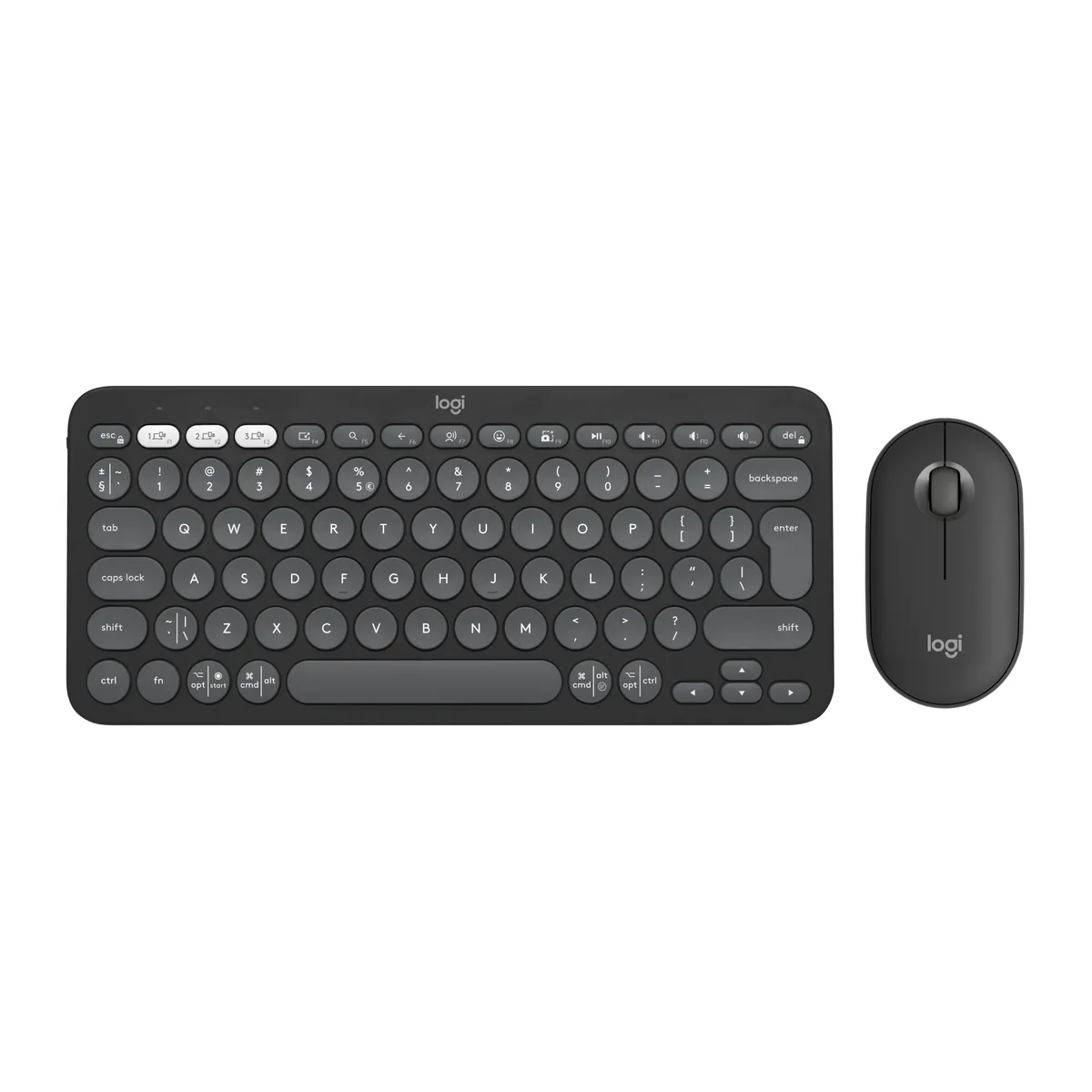 Compact graphite keyboard and matching mouse on flat surface