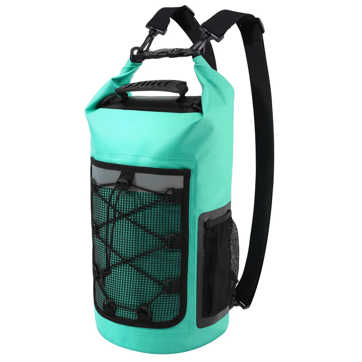 Black 25L roll-top waterproof backpack with adjustable straps and reflective strips