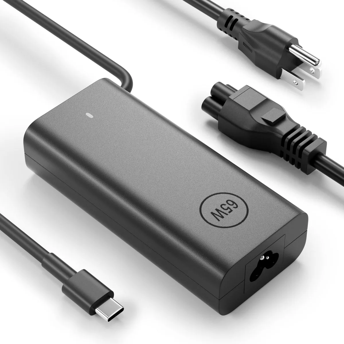 Compact black rectangular USB-C power adapter with detachable mains cord