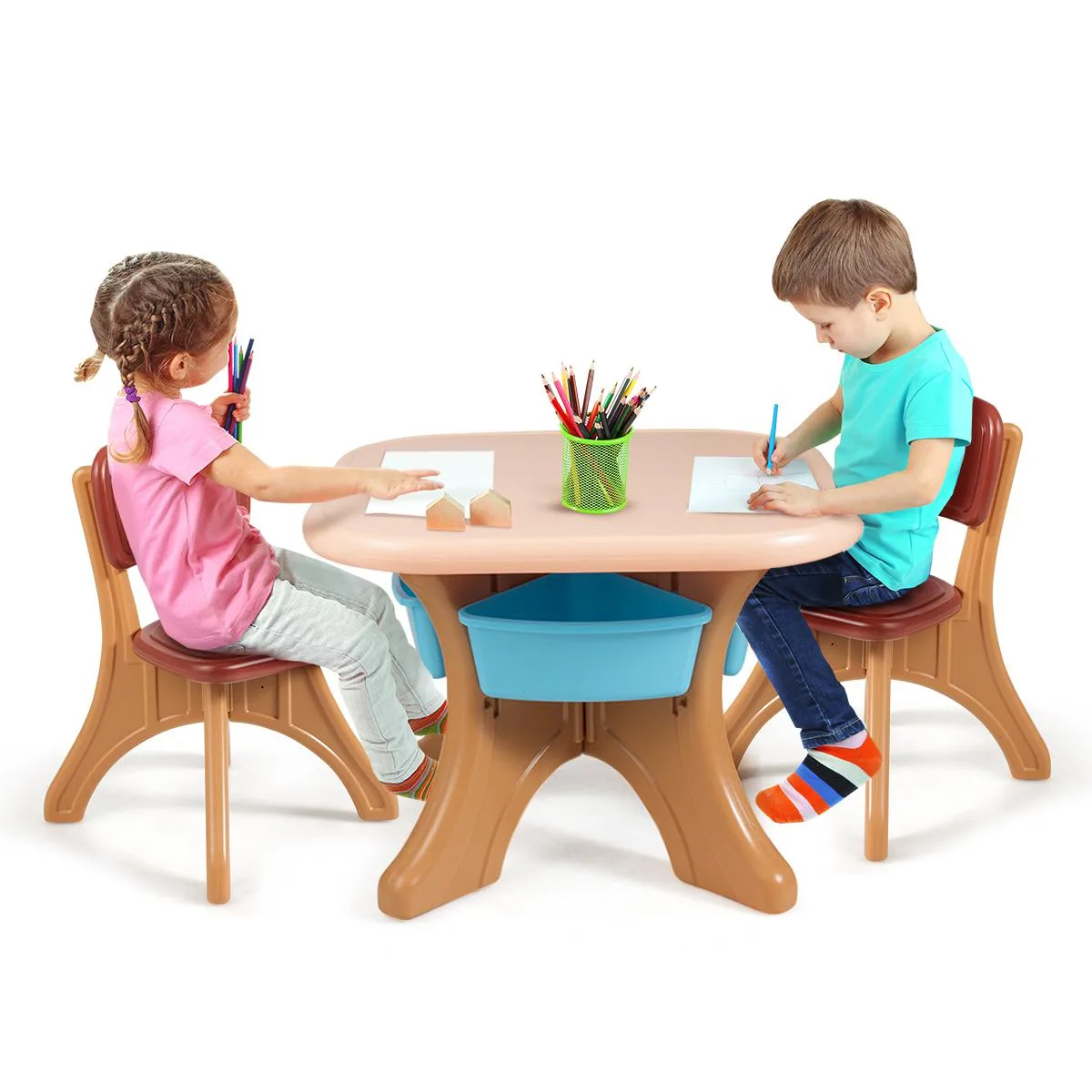 Costway Costway Kids Activity Table &amp; Chair Set Coffee Brown Beige Blue — product photo