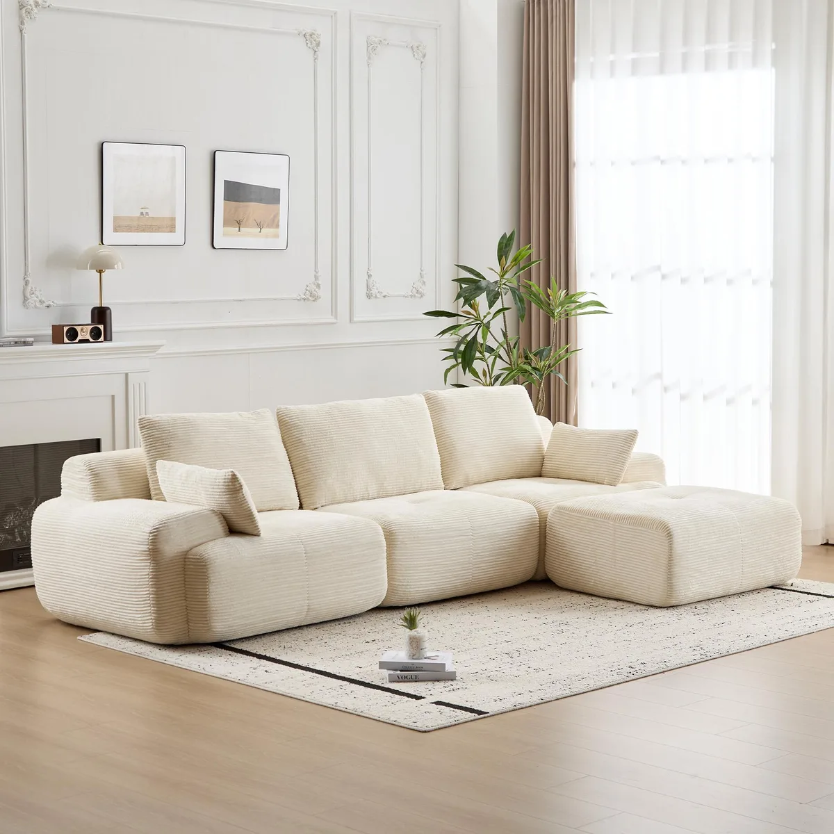 Beige corduroy sectional sofa with deep seats and bolsters
