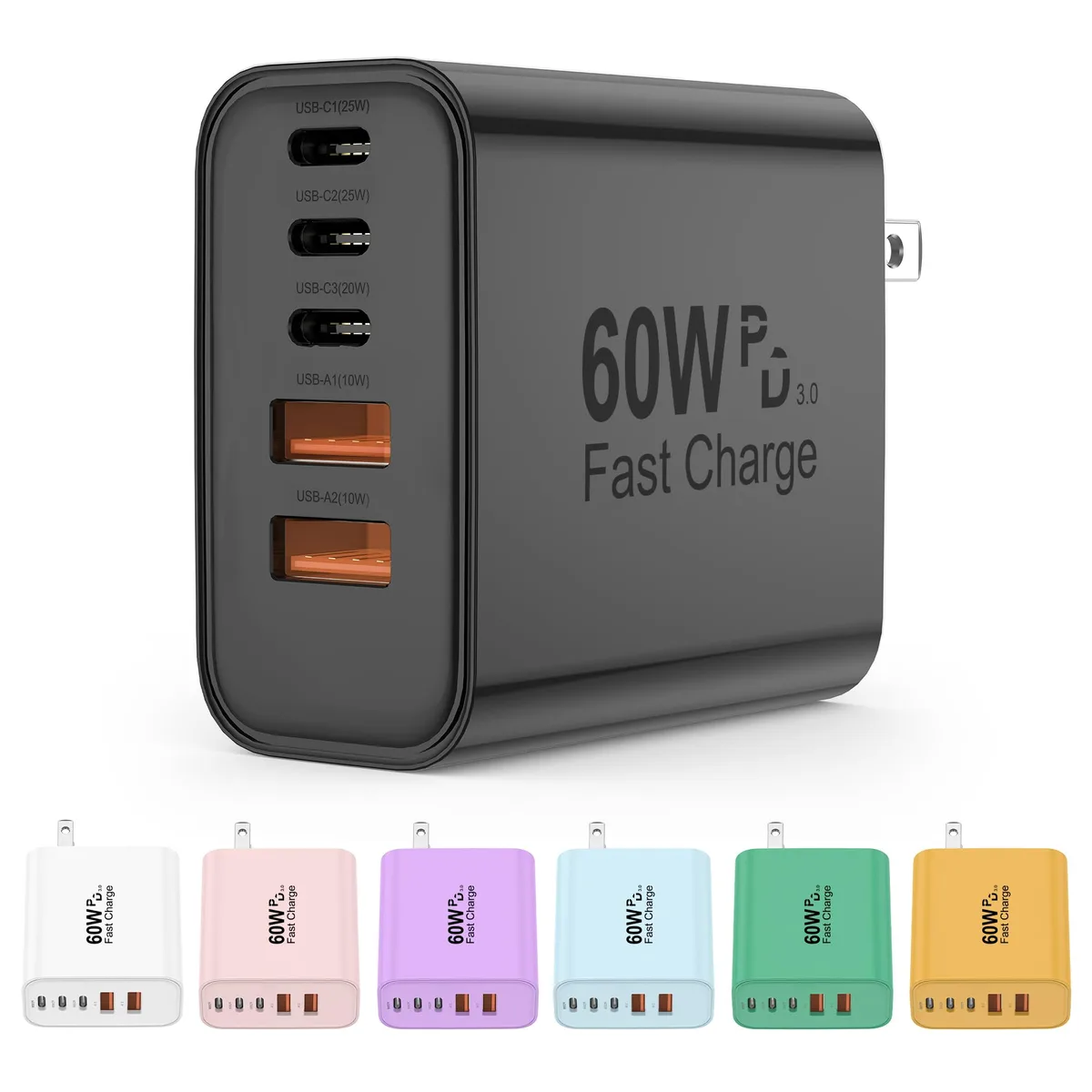 Black rectangular wall charger with three USB-C and two USB-A ports