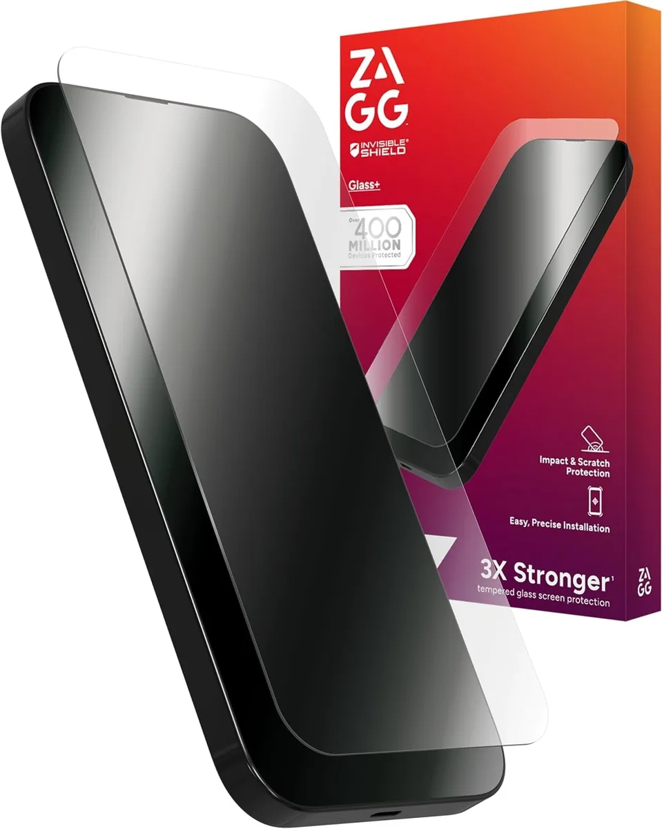 Rectangular clear glass screen protector with reinforced edges and alignment tray