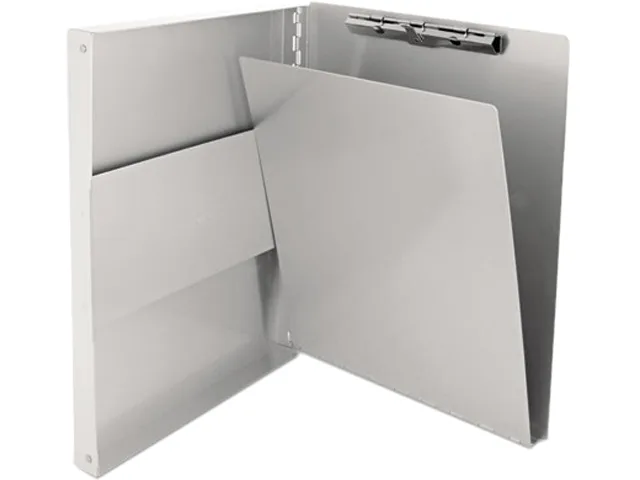 Silver aluminum forms folder with side-opening cover, high-tension clip, and storage compartment