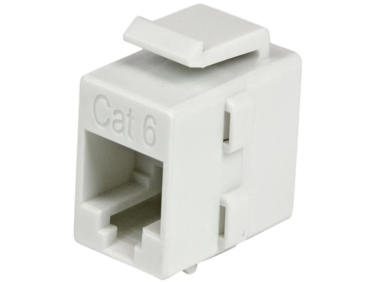 White plastic RJ45 keystone coupler with two female ports
